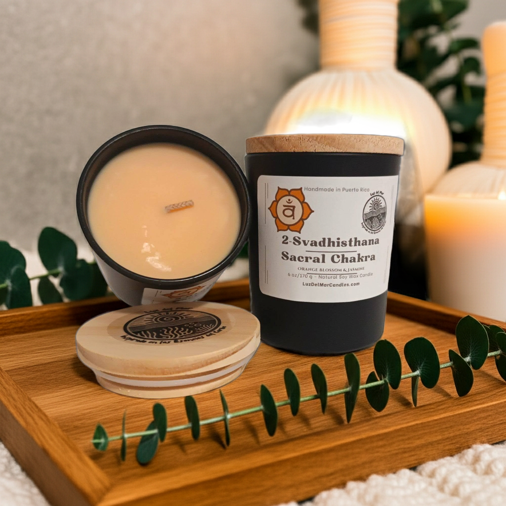 Sacral Chakra Candle on shelf