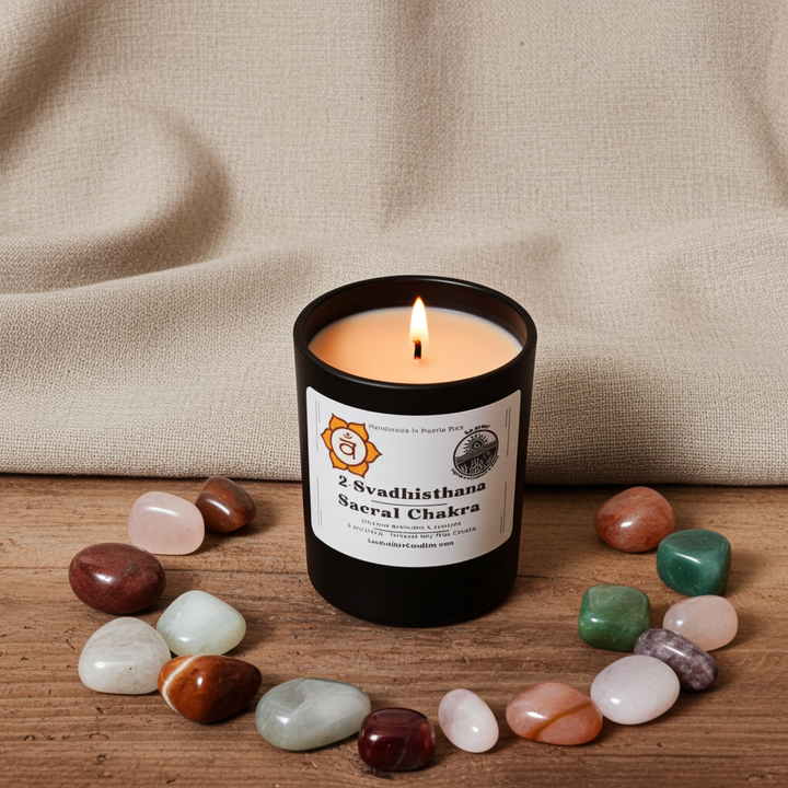 Sacral Chakra Candle Surrounded By Small Stones