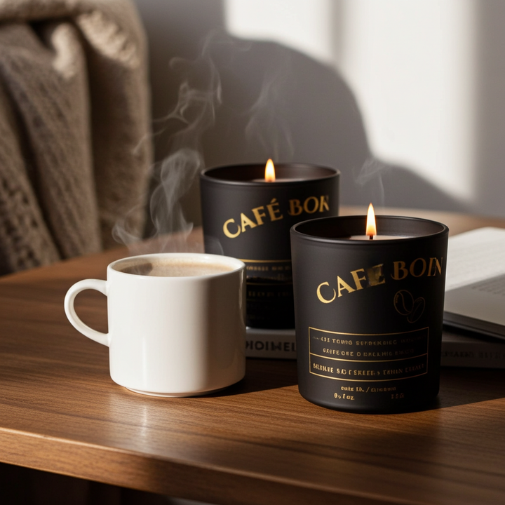 Two Cafe-Boriken  by Luz del Mar Candles and a white mug on a wooden surface.