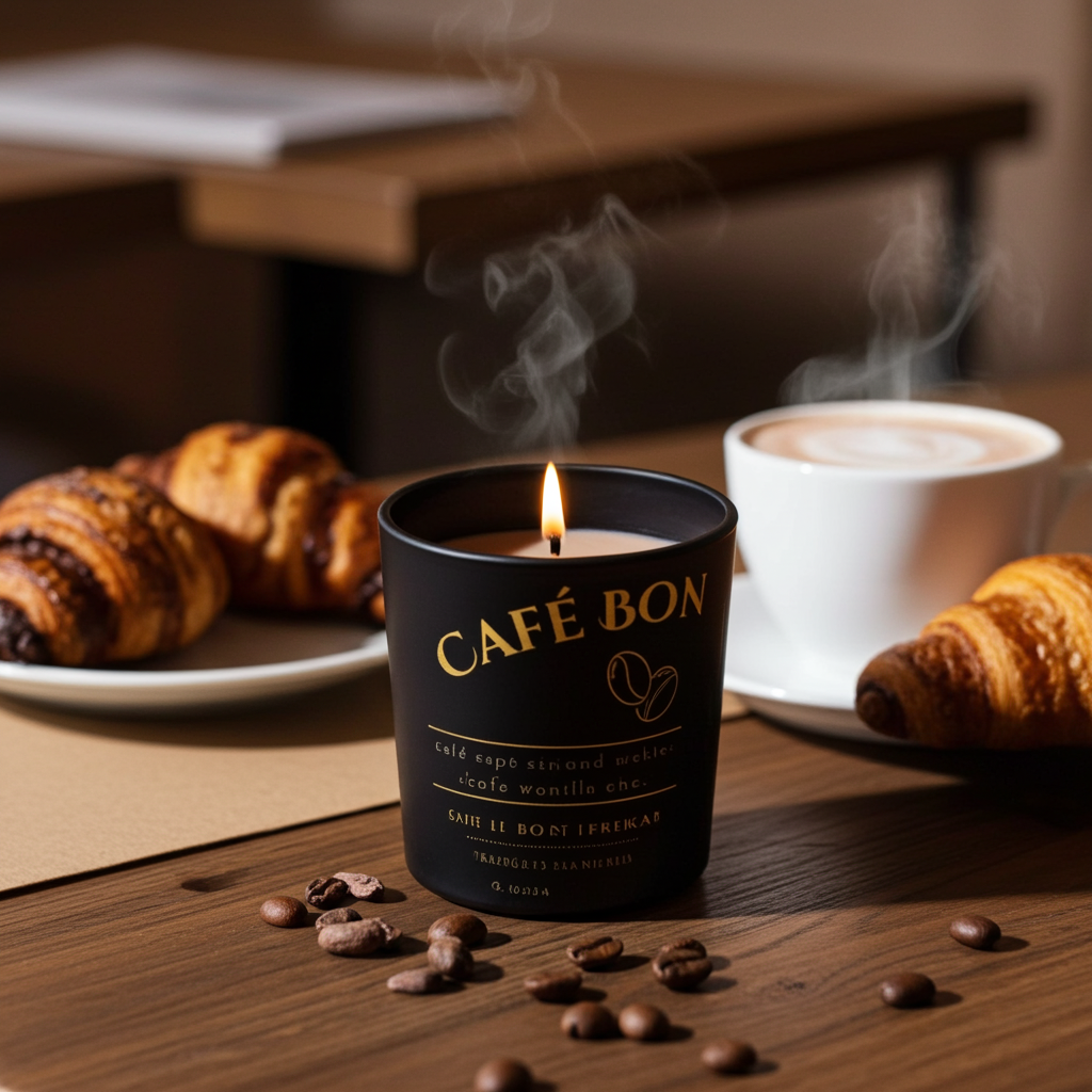Cafe-Boriken  by Luz del Mar Candles  with coffee beans and a cup of coffee on a wooden table.