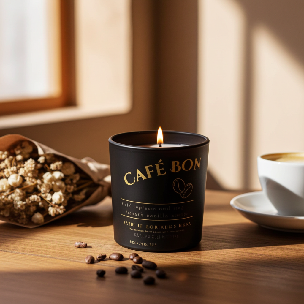 Cafe-Boriken  by Luz del Mar Candles candle on a wooden surface with coffee beans and a cup in the background