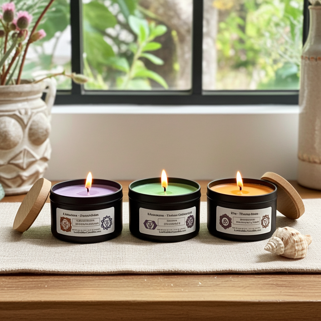 Three lit Chakra candles by Luz del Mar Candles with labels on a wooden surface near a window with plants.