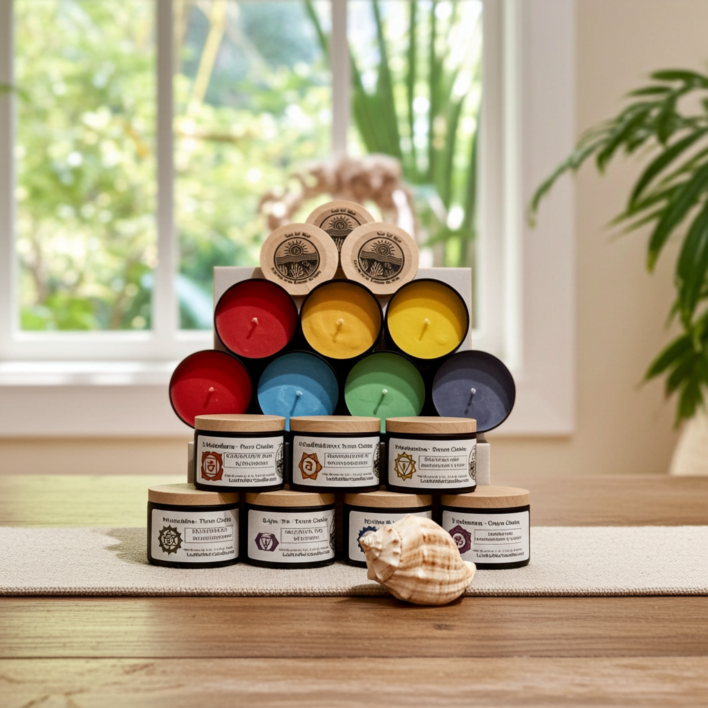 Stacked set of colorful Intention candles by Luz del Mar Candles with wooden lids on a windowsill with a plant in the background