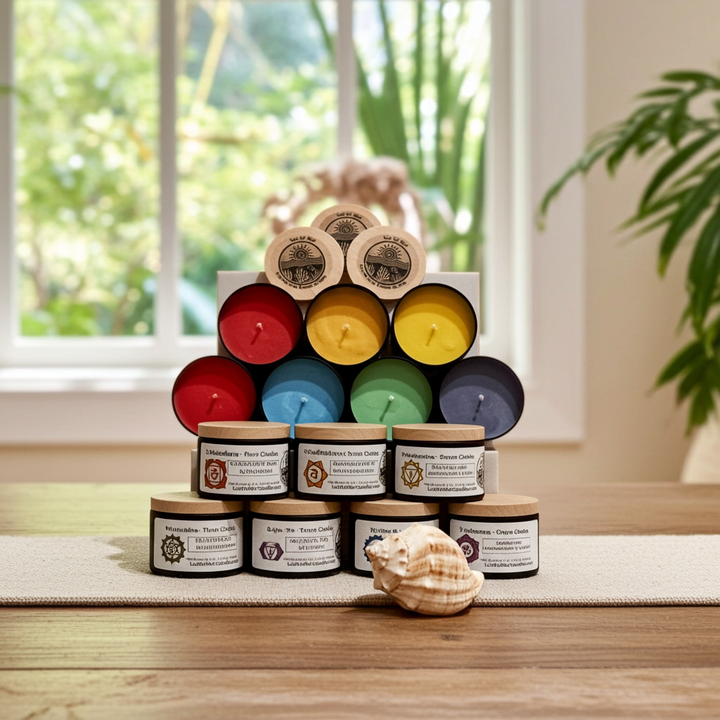 Stacked set of colorful Intention candles by Luz del Mar Candles with wooden lids on a windowsill with a plant in the background