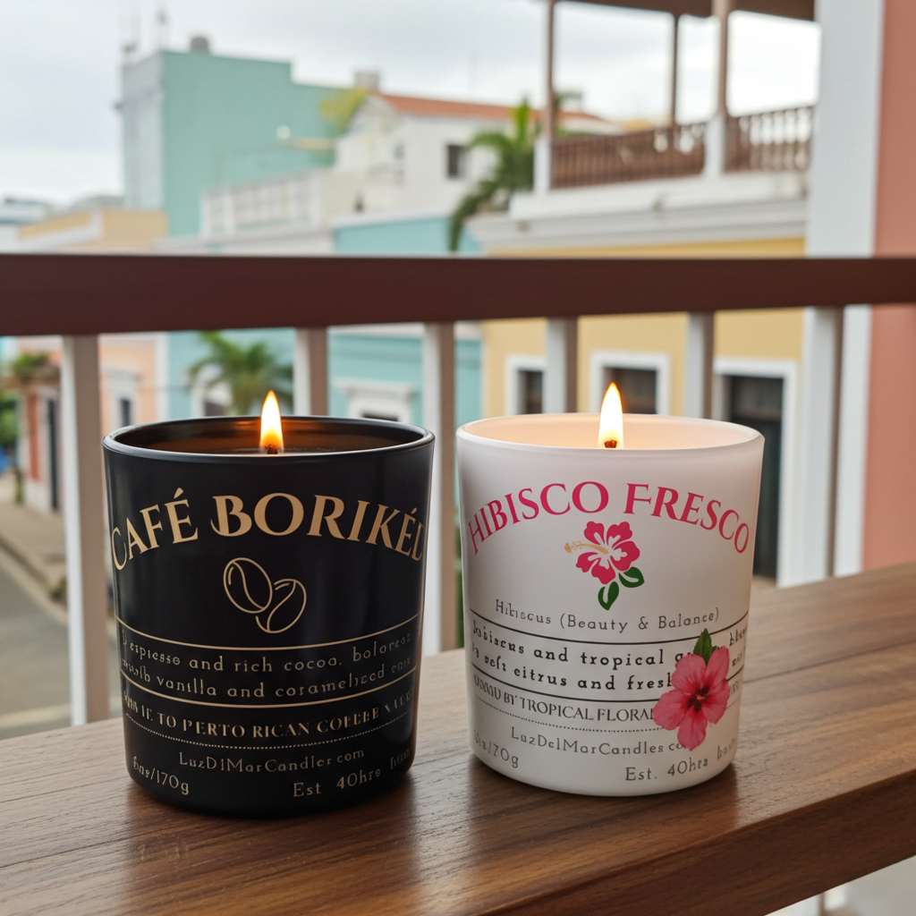 Hand-poured candles by Luz del Mar Candles in a calm coastal setting inspired by Puerto Rico
