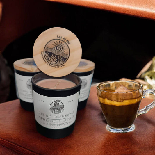 Espresso Leather Scented Soy Candle – Hand-Poured - 6 oz net wt. - Luz Del Mar