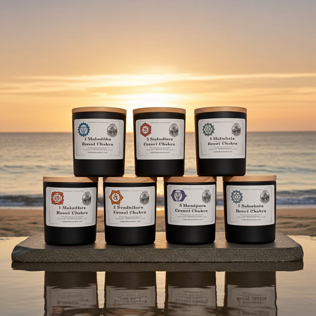 Set of candles with labels on a stone platform by the ocean at sunset Intention candle set by Luz del Mar Candles

