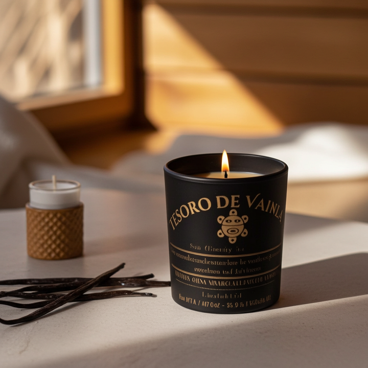 Tesoro de Vainilla candle by Luz del Mar Candles with vanilla beans on a marble surface