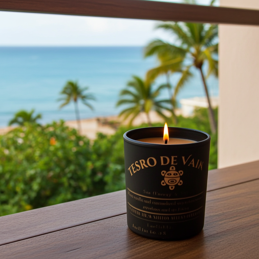 Tesoro-de-Vainilla Candle  by Luz del Mar Candles on a wooden surface with a scenic background of palm trees and ocean.