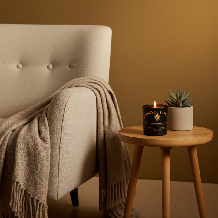 Beige armchair with a blanket draped over it, wooden side table with a Tesoro-de-Vainilla Candle  by Luz del Mar Candles and plant against a brown wall.