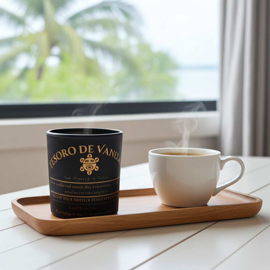 Tesoro-de-Vainilla by Luz del Mar Candles And a mug on a wooden tray with a blurred window background