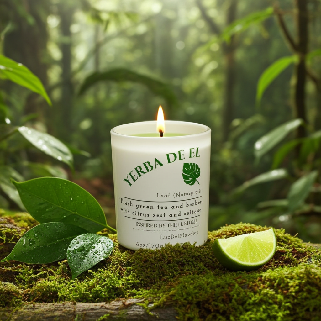 Yerba De El Yunque candle by Luz del Mar Candles on a mossy surface with green leaves and a lime slice in a forest setting