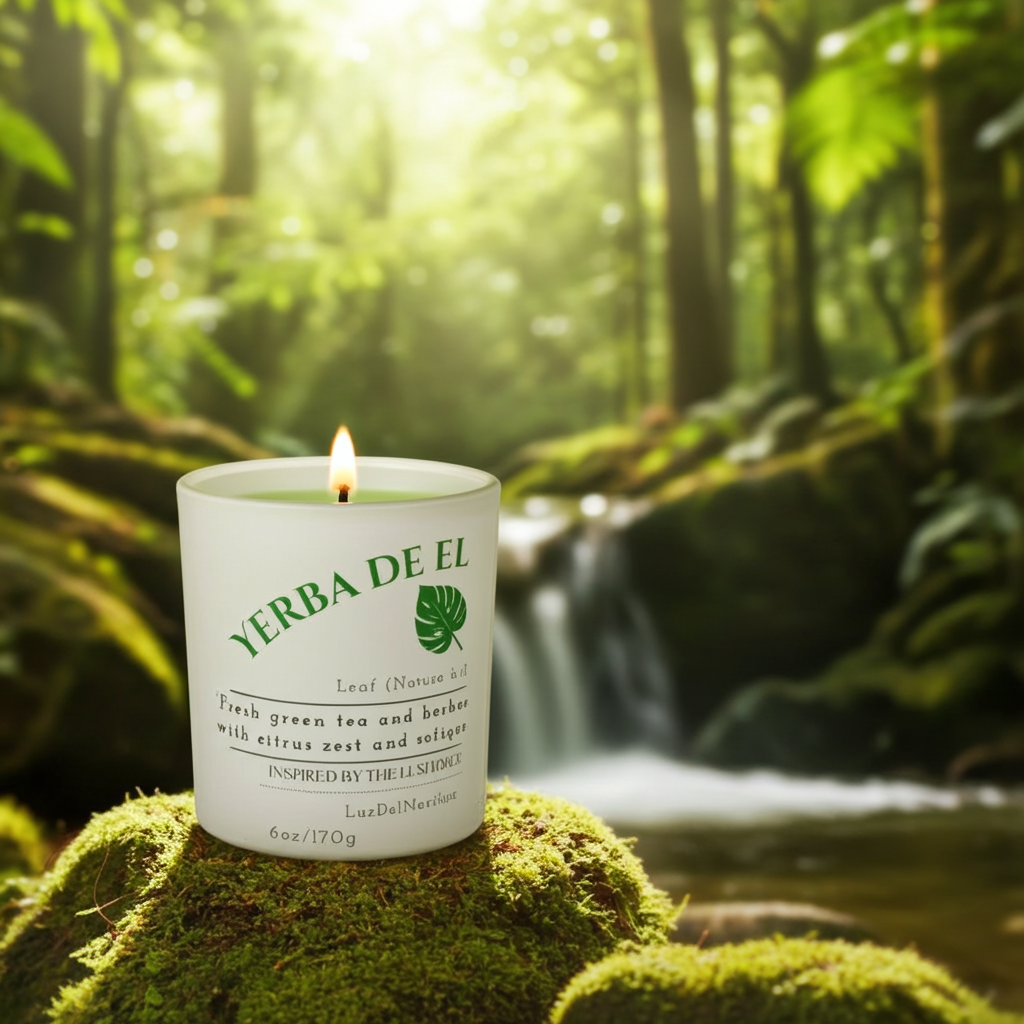 Yerba De El Yunque candle by Luz del Mar Candles candle on a mossy rock with a forest background