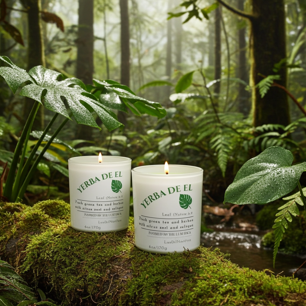 Two Yerba De El Yunque candle by Luz del Mar Candles on a mossy log in a forest setting