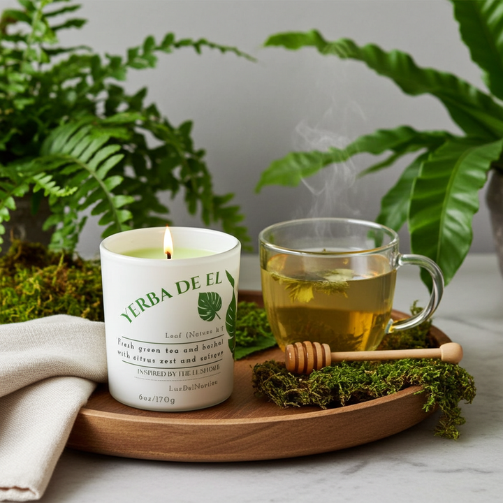 Yerba De El Yunque candle by Luz del Mar Candles next to a steaming cup of tea on a wooden tray with plants in the background.