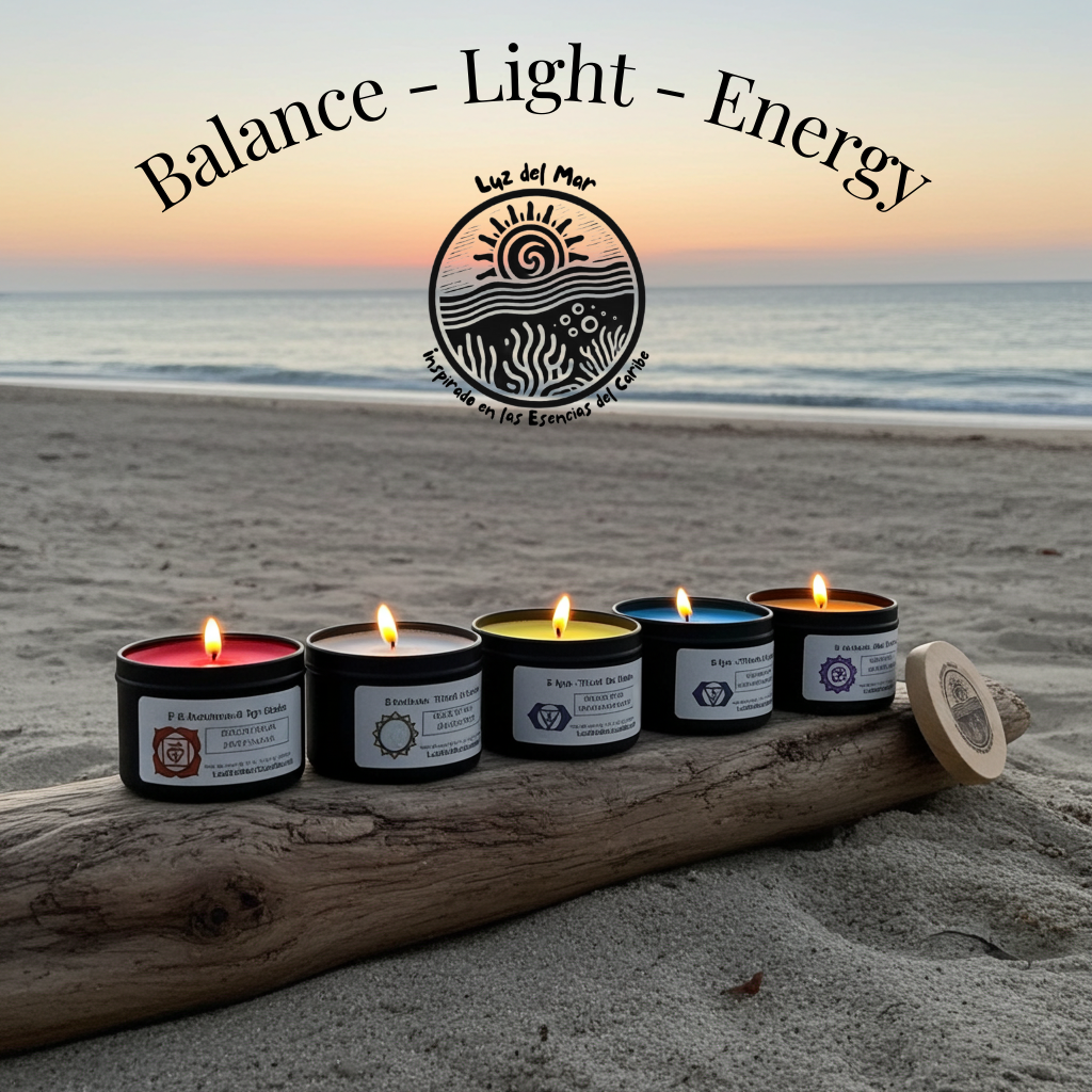 Chakra candle set by Luz del Mar Candles on a beach with 'Balance - Light - Energy' text and logo.