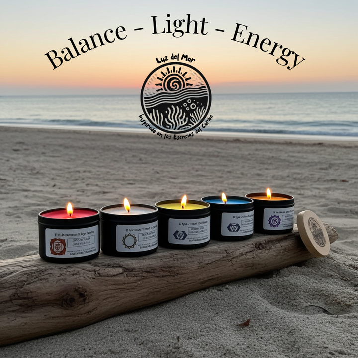Chakra candle set by Luz del Mar Candles on a beach with 'Balance - Light - Energy' text and logo.
