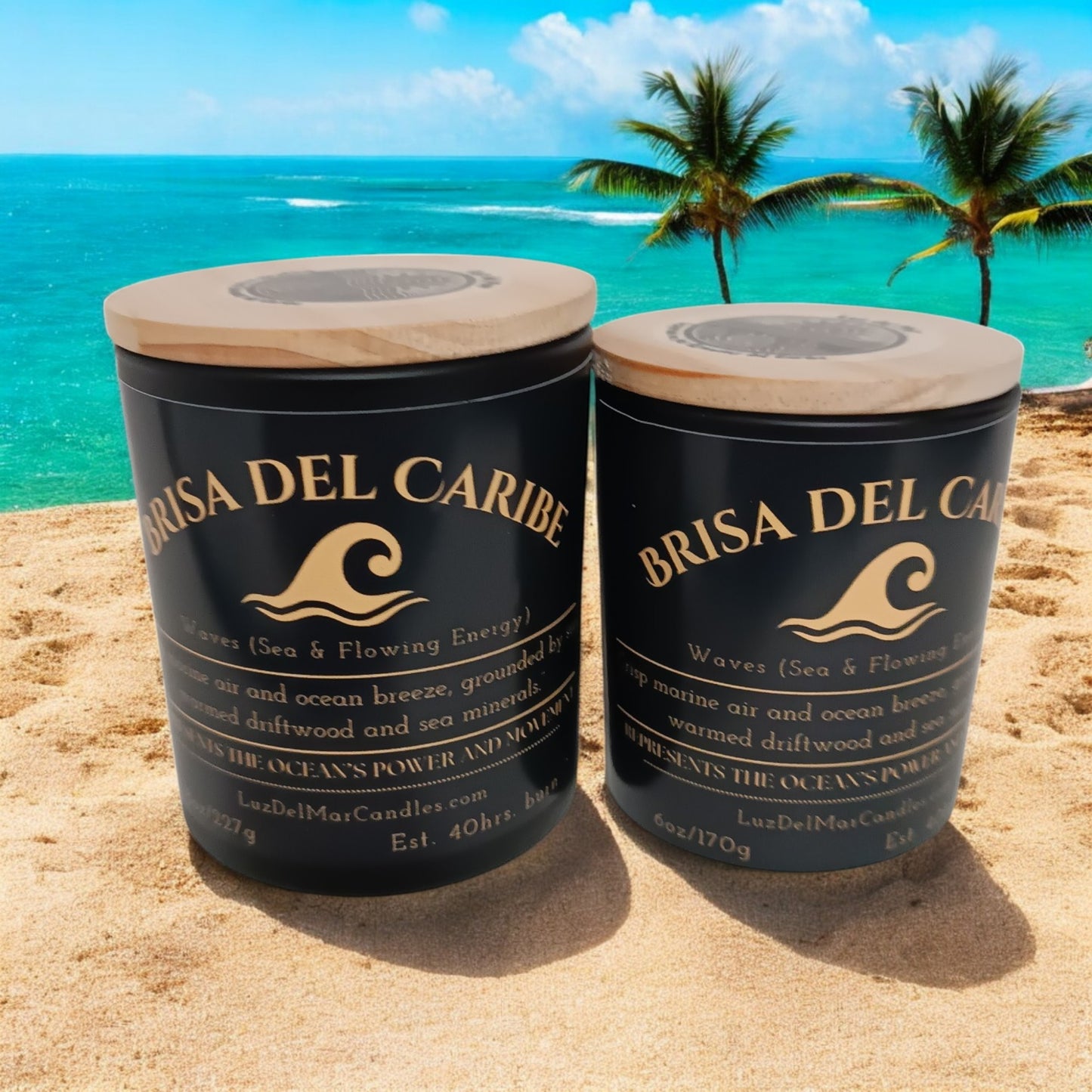 brisa-del-caribe-ocean-breeze-candle two different sized candles on the beach