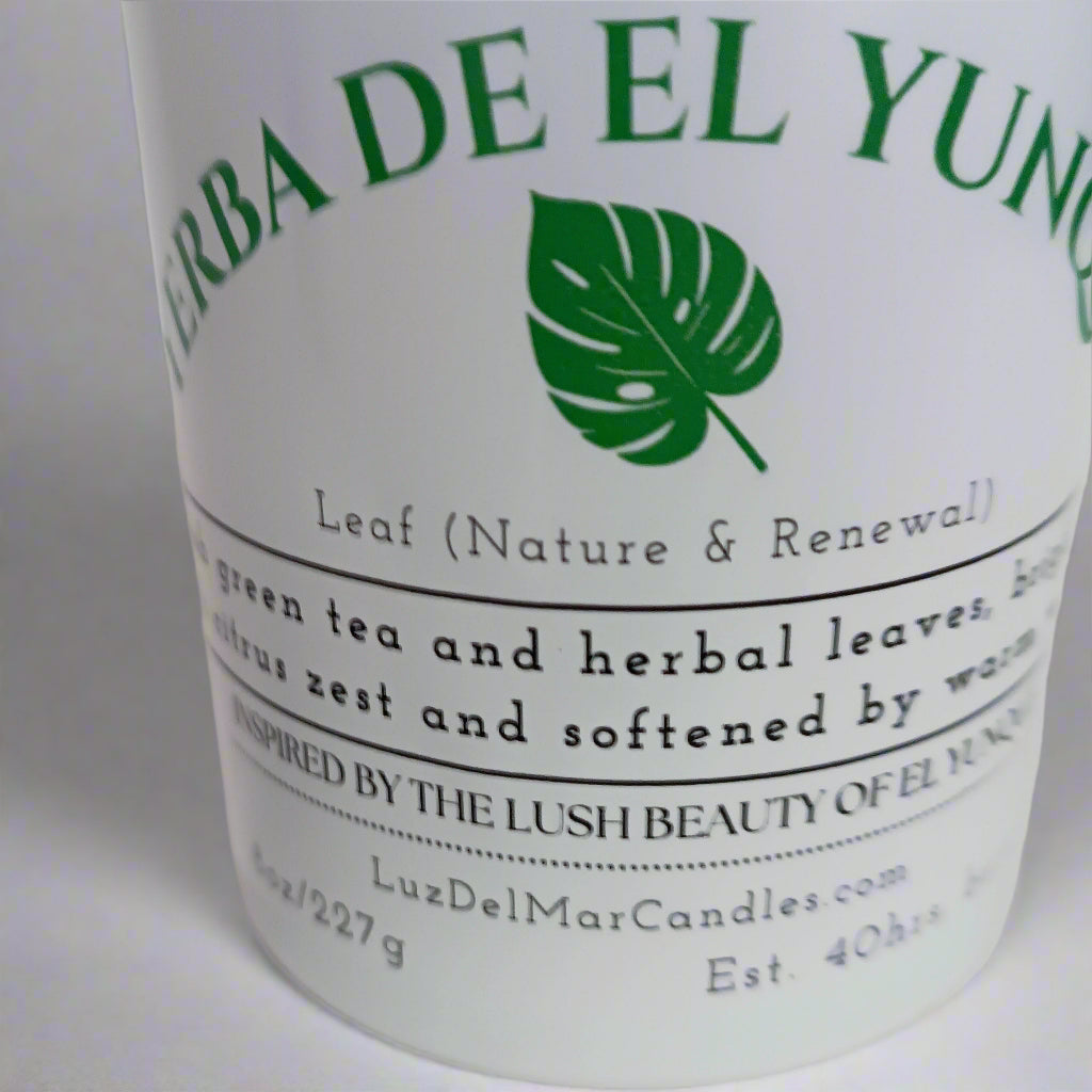 yerba-de-el-yunque-green-tea-candle close up of Taino leaf icon, symbol of Nature and Renewal